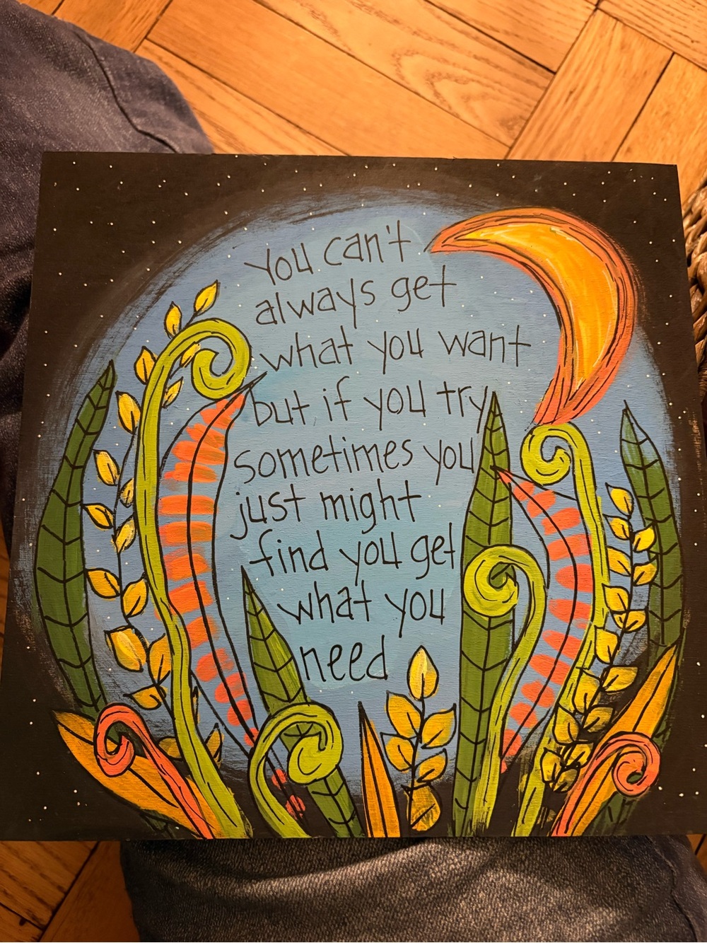Whimsical Moonlit Botanical Quote Painting in Blue, Green & Orange